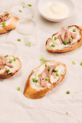 Italian cuisine. Bruschetta with tuna, onion, and mayonnaise.
