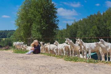 kid sitting near fence and looking at goats at farm