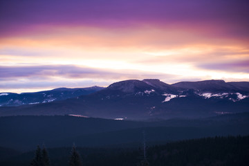 Winter landscape in Carpathian Mountains at the sunrise