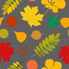 Obraz premium Seamless Autumn pattern Orange, yellow, brown red fall forest rowan, birch, tree leaves and herbs. Wallpaper, background beautiful, cute, trendy bright print