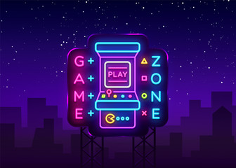 Naklejka premium Game Zone Logo Vector Neon. Game Room neon sign board, design template, Gaming industry advertising, Gaming Machine vector, light banner, bright night neon design element. Vector Art Billboard