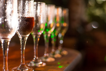 Closeup of wine glasses in a restaurant or banquet