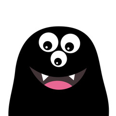 Smiling monster head silhouette. Thtee eyes, teeth, tongue. Black Funny Cute cartoon character. Baby collection. Happy Halloween card. Flat design. White background.