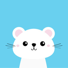 White animal. Cute kawaii cartoon character. Funny head baby face. Greeting card template. Blue background. Flat design.