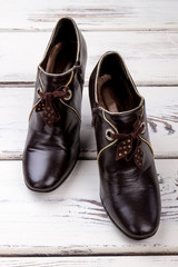 Pair of black women's leather shoes. Fashionable fancy women's shoes.