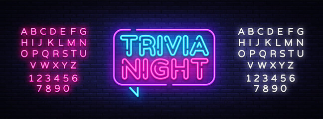 Trivia night announcement neon signboard vector. Light Banner, Design element, Night Neon Advensing. Vector illustration. Editing text neon sign