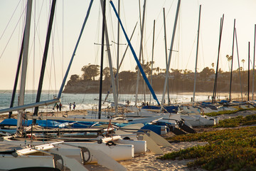 Catamarans on the coast in the sun in Santa Barbara, California