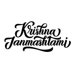 Obraz premium Krishna Janmashtami brush hand lettering isolated on white background. Calligraphy vector illustration. Hindu holiday type design.