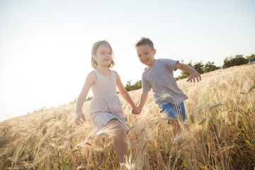 Naklejka na ściany i meble Children go to the field of wheat. A boy and a girl holding hands laugh and have fun.
