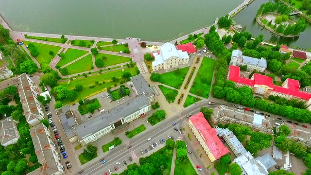 Beautiful views of the city, the promenade and the blue lake in the center of the city. Ternopil. Ukraine