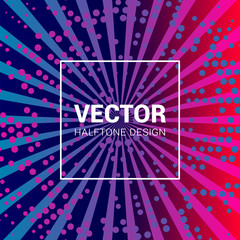 Vector colorful background with halftone pattern and rays in trendy colors.