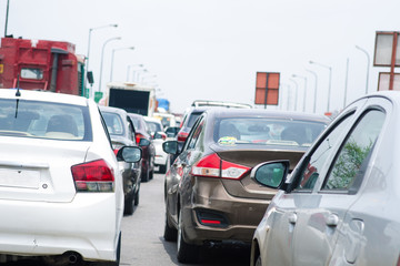 Cars on the road in traffic jam. Traffic situation in the Mumbai city. Pollution situation in India.  - 212715573