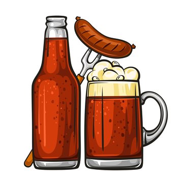 Vector colorful illustration of beer mug with sausage and glass bottle filled with dark beer. Beer bottle and glass of beer with sausage, isolated on white background 1.1