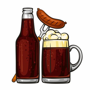 Vector colorful illustration of beer mug with sausage and glass bottle filled with dark beer. Beer bottle and glass of beer with sausage, isolated on white background 2.1