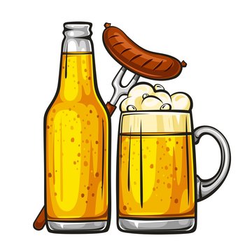Vector colorful illustration of beer mug with sausage and glass bottle filled with light beer. Beer bottle and glass of beer with sausage, isolated on white background 1.1