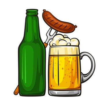 Vector colorful illustration of beer mug with sausage and glass green bottle. Beer bottle and glass of light beer with sausage, isolated on white background 1.1