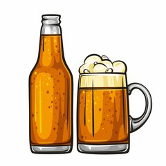 Vector colorful illustration of beer mug and glass bottle filled with beer. Beer bottle and glass of beer, isolated on white background 1.1