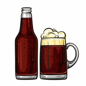 Vector colorful illustration of beer mug and glass bottle filled with dark beer. Beer bottle and glass of beer, isolated on white background 2.1