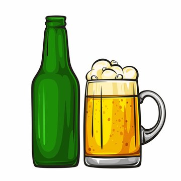 Vector colorful illustration of beer mug and glass green bottle. Beer bottle and glass of light beer, isolated on white background 1.1