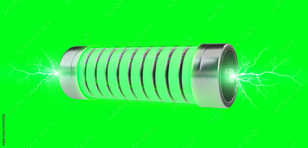 Aufkleber green battery with lightnings 3d rendering