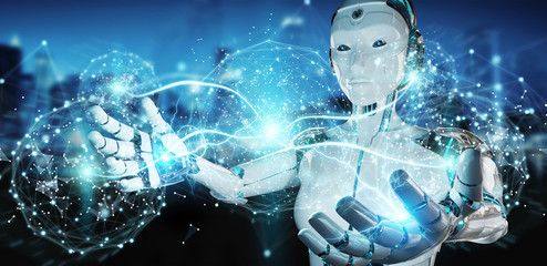 White woman humanoid using digital global network 3D rendering