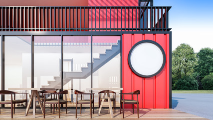 Front view of a cafe exterior with white signage , 3d rendering