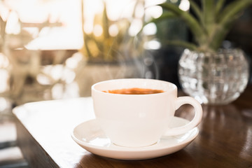Obraz premium hot coffee in the white cup on wooden table. Sun light in cafe.