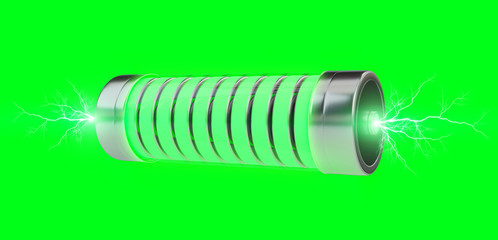 Green battery with lightnings 3D rendering