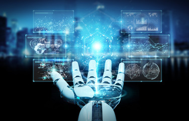 White cyborg hand using digital datas interface 3D rendering