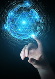 Businesswoman using digital triangle exploding sphere hologram 3D rendering