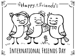 Vector coloring greeting card Three birds  happy friend