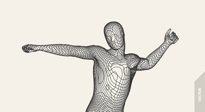 3d model of man. Vector illustration. Wire connection to virtual reality.