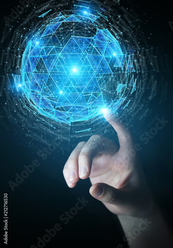 Businesswoman using digital triangle exploding sphere hologram 3D rendering
