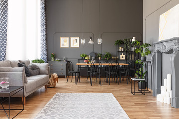 Open space apartment interior with gray sofa next to the window, dining table with black chairs and molding on the walls. Real photo © Photographee.eu