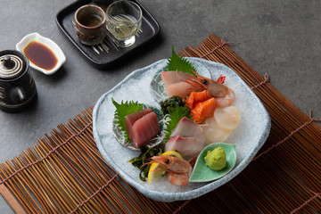 japanese foods sashimi (raw sliced fish, shellfish or crustaceans)