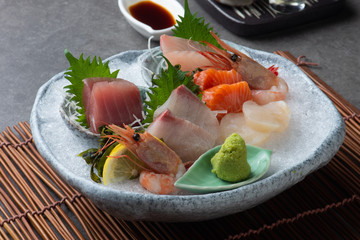 japanese foods sashimi (raw sliced fish, shellfish or crustaceans)