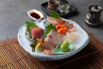 japanese foods sashimi (raw sliced fish, shellfish or crustaceans)