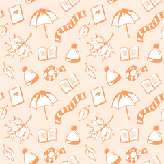 Autumn illustration. Vector color seamless pattern with autumn objects: books, leaves, scarfs and others. Hand drawn doodles.  Orange warm colors