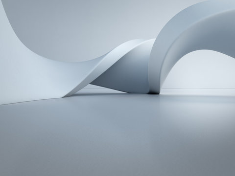 Fototapeta Geometric shapes structure on empty concrete floor with white wall background in hall or modern showroom, Construction technology for future architecture - Abstract interior design 3d illustration
