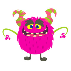 Cute cartoon monster smiling. Vector illustration of pink hairy monster. Halloween design