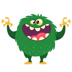 Fototapeta premium Happy cartoon monster with big mouth full of teeth. Vector green monster illustration. Halloween design
