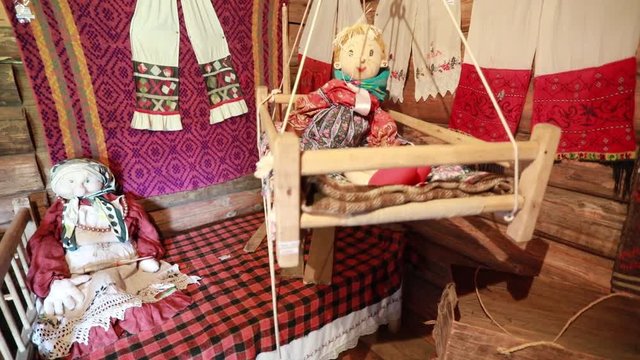Rustic national traditional house is Udmurt. Inside view.