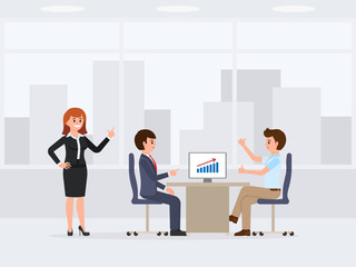 Fototapeta premium Three happy office workers meeting cartoon character. Vector illustration of financial