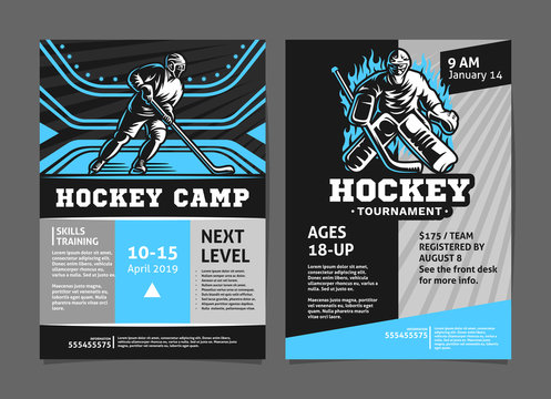 Hockey tournament and camp posters, flyer with hockey player and goalie - template vector design