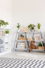 Patterned carpet in bright teenager's room interior with plants on triangle shelves. Real photo