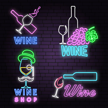 Retro neon wine sign on brick wall background.