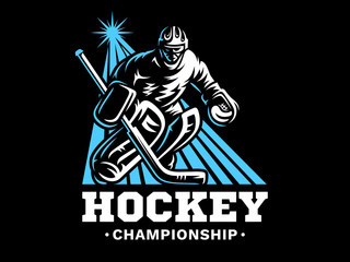 Ice hockey goalie in the rays of light from a searchlight - emblem design, illustration on a black background