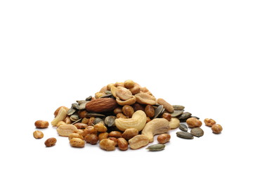 Healthy food mix of peanuts, seeds,  almonds, roasted soybeans and cashews isolated on white background