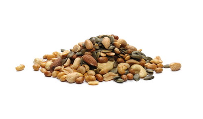 Healthy food mix of peanuts, seeds,  almonds, roasted soybeans and cashews isolated on white background