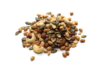 Healthy food mix of peanuts, seeds,  almonds, roasted soybeans and cashews isolated on white background